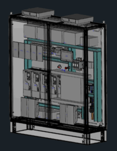 Control panel drafting and design illustrated with a 3D CAD enclosure layout showing internal component placement.
