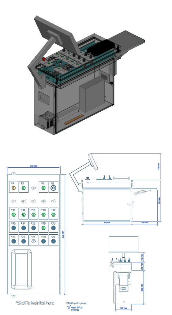 Control panel drafting and design showing a 3D CAD model with detailed electrical schematics and dimensional layout drawings.