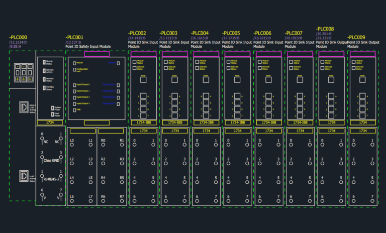 Electrical drafting and control panel design showing a detailed PLC I/O schematic with labeled circuits and components.