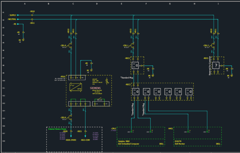 Electrical drafting and control panel design featuring a complete control system wiring diagram with labeled connections.